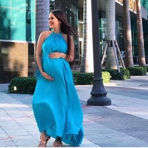 Maxi Dress Halter Neck with Pockets - BLUE